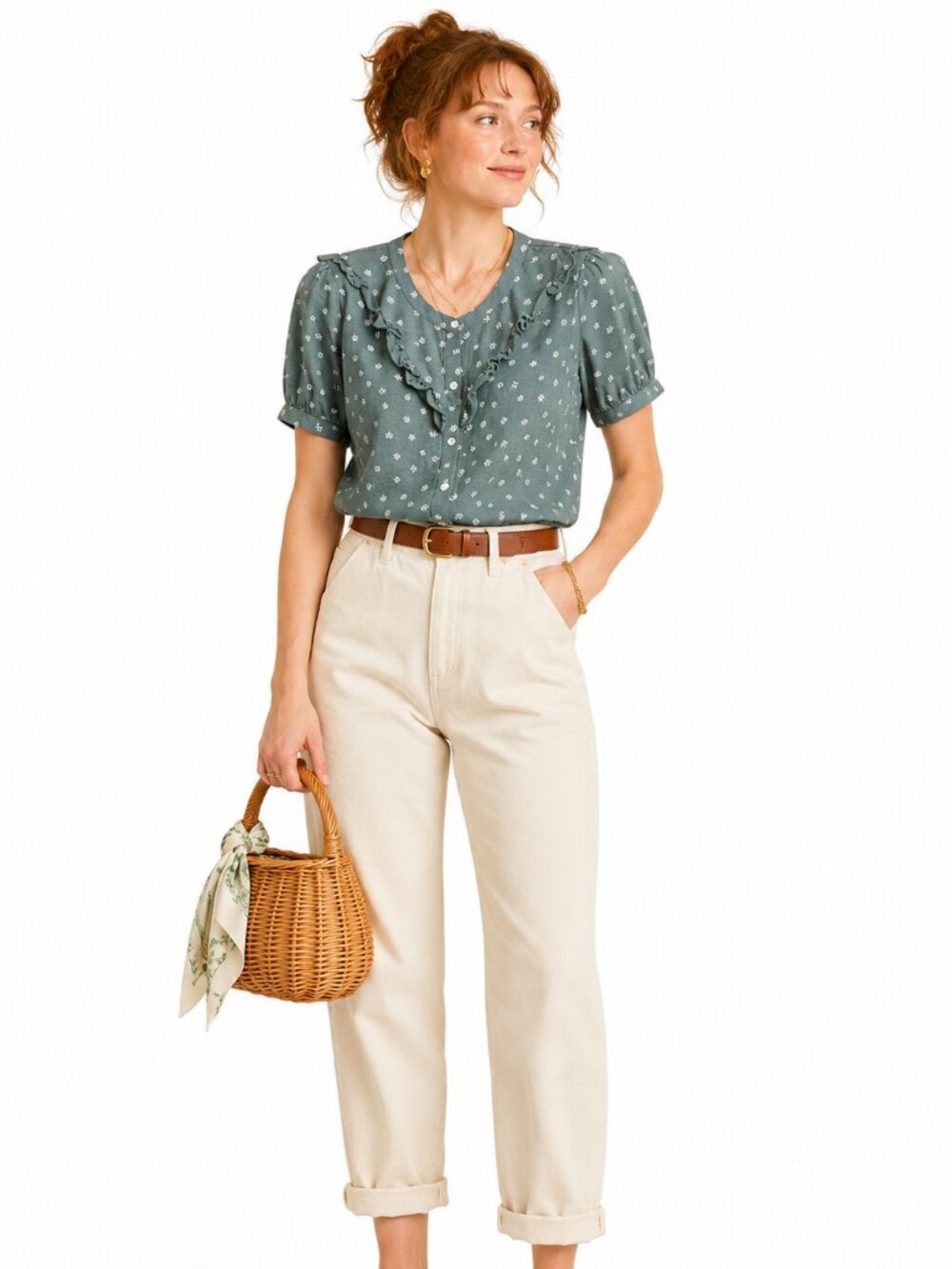 Lucky Brand Green Floral Print Ruffle Button Front Top Size Small Cottagecore Bo